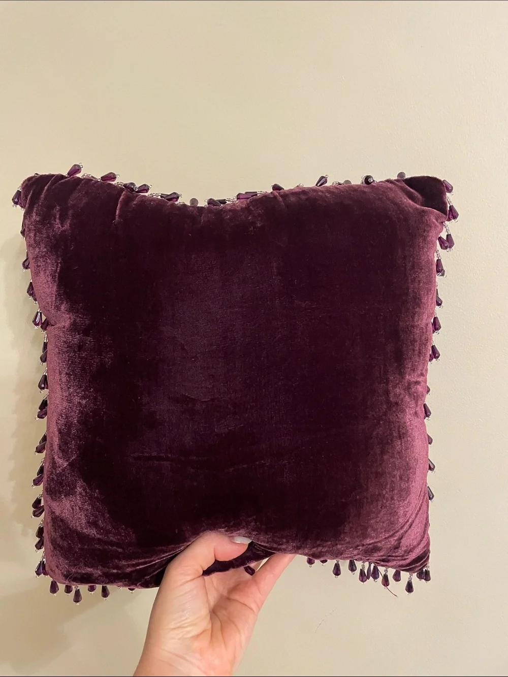 Plum Velvet Decorative Throw Pillow with Beaded Trim